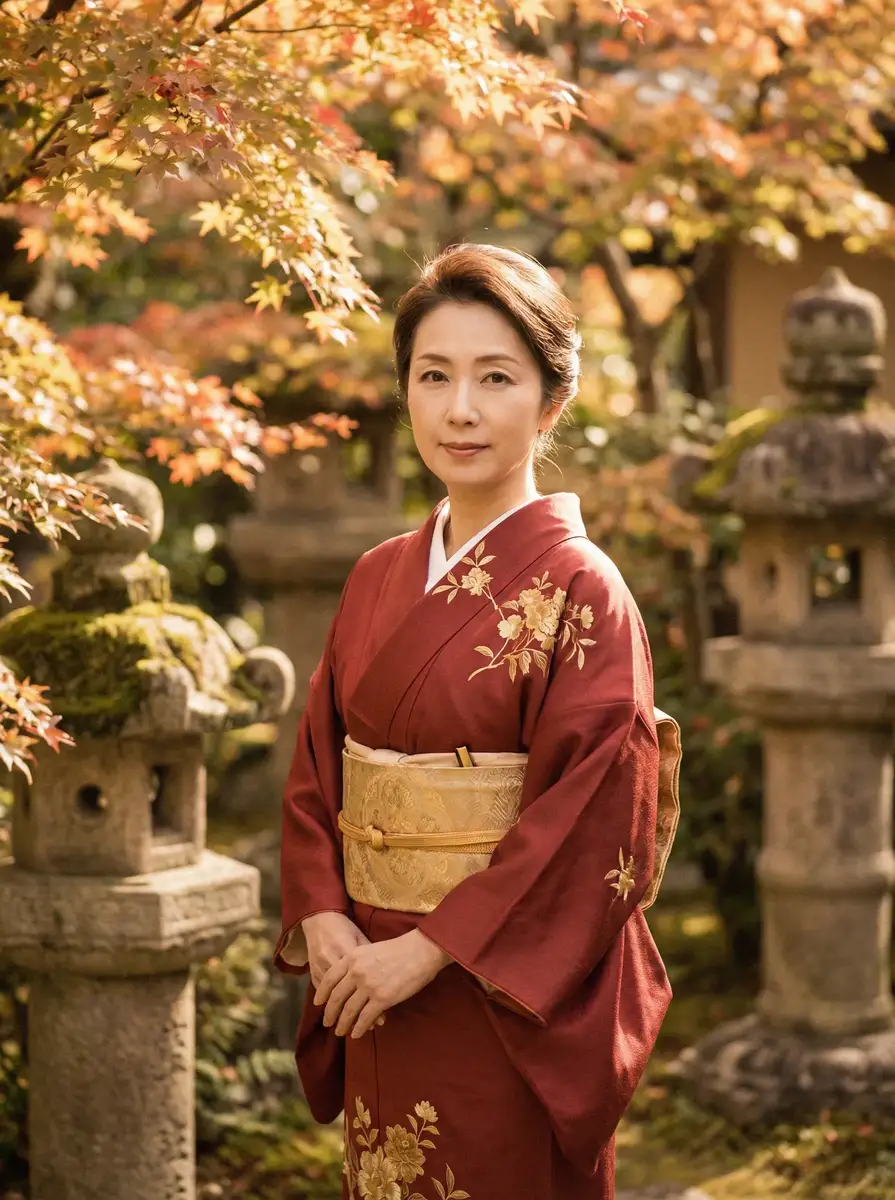 一位身穿暗红色和服的优雅 叶子楣 在日式庭院中