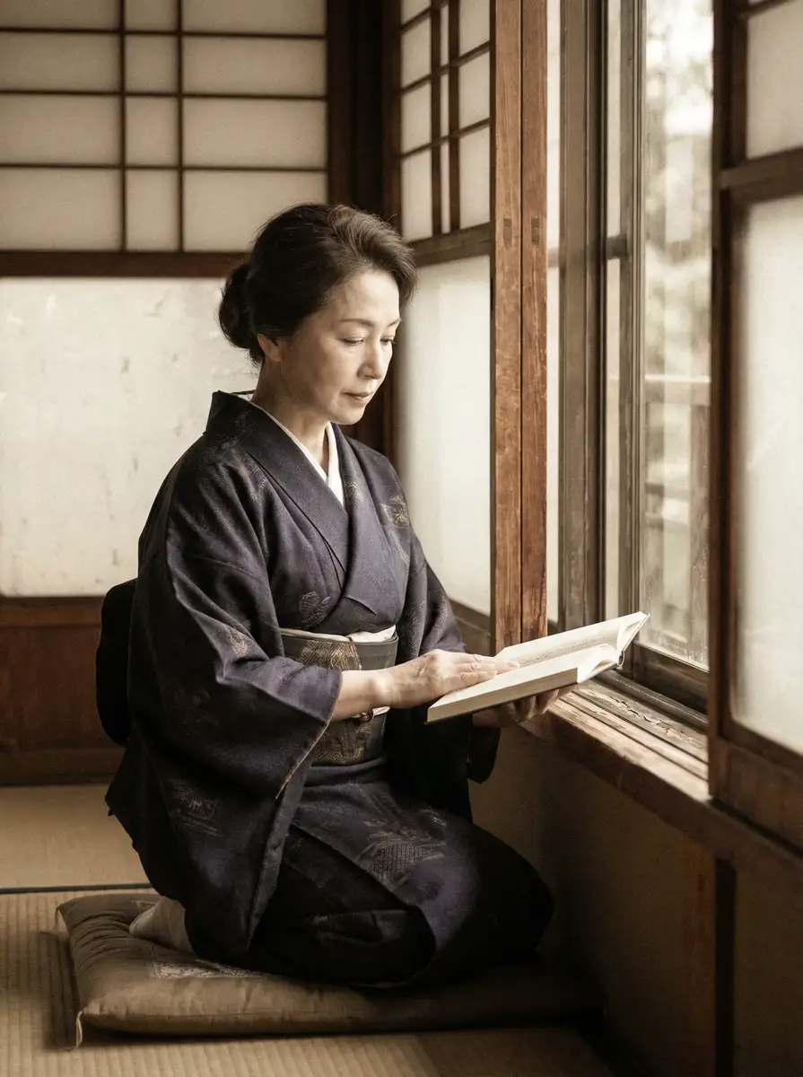 一位优雅的五十岁 叶子楣 身穿深蓝色和服，在窗边静读